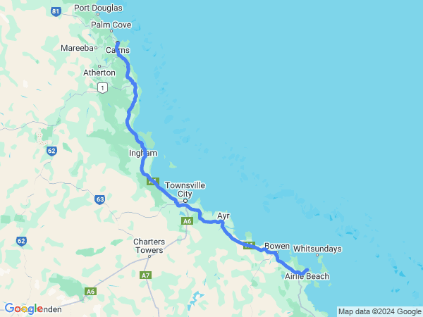 Map of Airlie Beach to Cairns