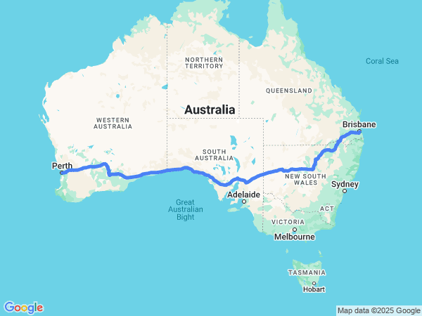 Map of Brisbane to Perth