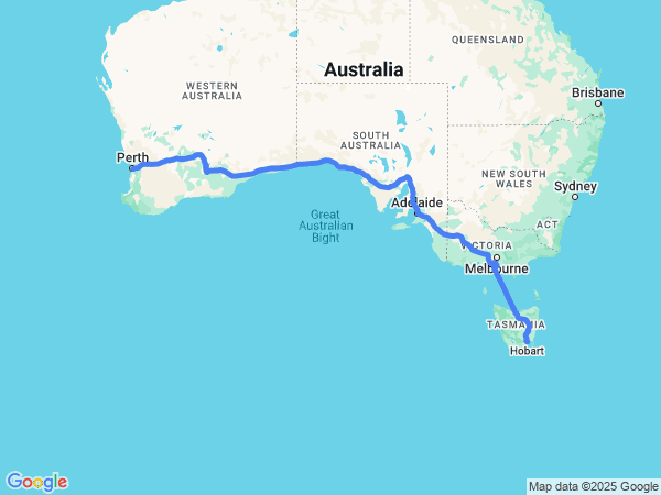 Map of Hobart to Perth